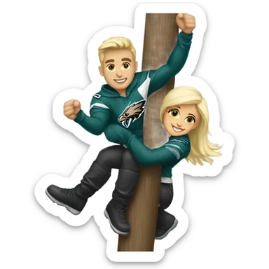 Brunette female and blonde male who are both eagles fan climbing up a pole sticker