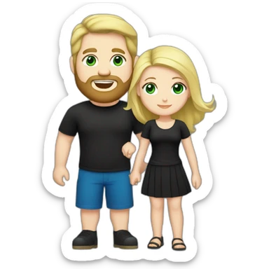 A blond chubby girl with blue eyes and black haired and bearded man with green eyes. The man wears a black t-shirt. The woman is wearing a black skirt and a blue shirt sticker