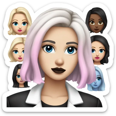 Slavic adult woman, goth eyes makeup, pink lips, blue eyes, medium bob black-to-blonde ombre wavy hair, white T-shirt and black office jacket. sticker