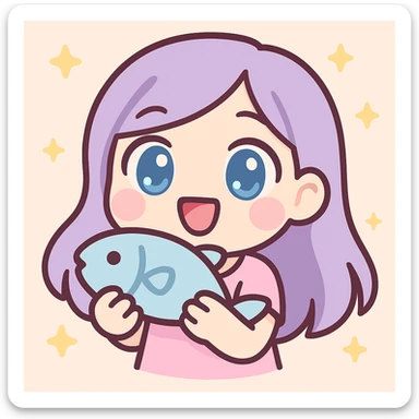 Make the girl more chibi style, give her blue eyes, and make her look slightly older (not too young), keep her holding a fish, digital art, kawaii style, twitch emote. sticker
