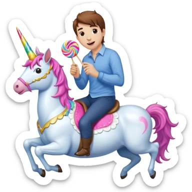 White man with brown hair riding a unicorn and licking lollipops  sticker