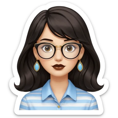 An emoji featuring a woman with long wavy dark brown hair and a whispy bang, wearing thick black square glasses, gold drop earrings. She has long lashes and a nude browny glossy lipstick. She's wearing an oversize light blue shirt with white vertical strips. sticker
