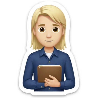 Guy with long straight blonde hair and navy button up holding a notebook sticker