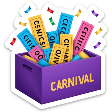 a box with the words "carnival pack" with tickets as a bundle, confetti in it etc  sticker