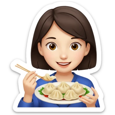 A dark brown-haired girl happily eating dumplings. sticker