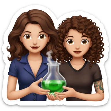hiding potion — long wavy brown hair tattooed woman and short tight curly brown hair woman — guilty smile sticker