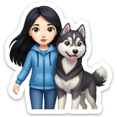 A girl with long black hair walks a husky sticker