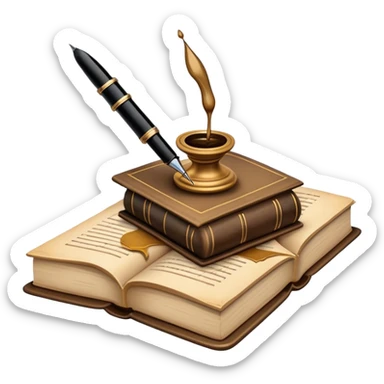 Create a vibrant emoji representing prose writing with an old-style, antique look. The design should include semi-turned pages of an old book with unfinished prose written on them. Add a vintage ink inkwell and a classic fountain pen or quill with black ink. Use warm, earthy tones like deep browns, golds, and creams for the book and ink bottle, with subtle ink splatters for an artistic touch. The overall style should evoke a sense of timeless storytelling and literary craftsmanship. Make the background transparent. sticker