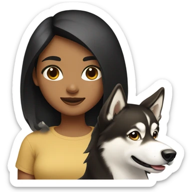 A girl with black hair next to a light brown Husky sticker