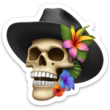Realistic side view of a skull in a black cowboy hat on decorated with tropical flowers. sticker