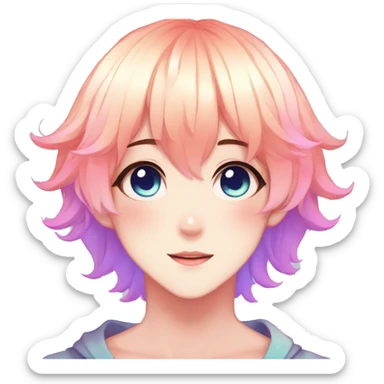 Gorgeous anime style shojo dude with blushing face aesthetic and pretty colorful shiny gradient pastel hair trending style sticker