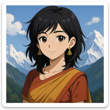 anime style Indian girl, black layered haircut, brownish-black eyes, fair complexion, traditional Indian earrings, mountain background sticker