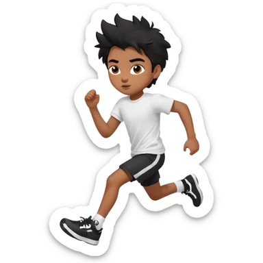 generate a pretty bratz brown skinned boy with black messy hair wearing a white tshirt and black running shorts. running on the street with white sneakers sticker