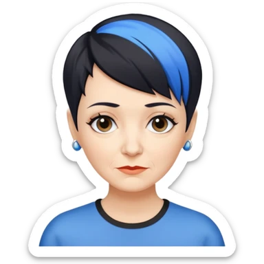 reife frau, kein kind freche extreme schwarze Kurzhaarfrisur eine Seite wirklich fast keine Haare andere Seite mit blauer Strähne kurze Seite noch viel kürzer sticker