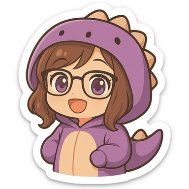 Edit the image to depict a chibi anime style girl with glasses, brown hair, and dark purple eyes, wearing a purple dinosaur costume with arms down. Keep the same chibi stickers style as the reference. Remove the background to have no background (transparent). sticker