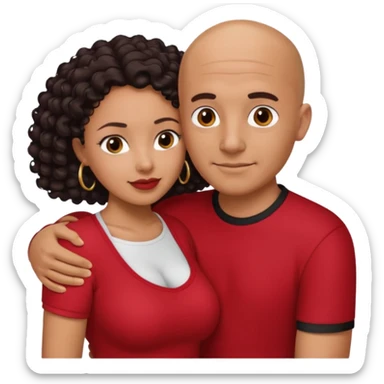 A picture of a tanned couple embracing. the guy is Mexican, with a bald hair cut and he is wearing a red shirt. the girl is mixed, the girl is wearing a black shirt, the girl has curly longer dark brown hair and with big boobs  sticker