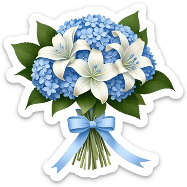 A wooden table adorned with a small bouquet of baby blue hydrangeas and creamy white lilies, wrapped in a softly frayed linen ribbon. A single blue butterfly, dusted with a hint of silver, rests lightly on the bouquet, as if drawn to its delicate fragrance. sticker