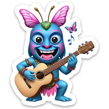 Pixar style little Cartoon Blue and pink tiki singing with a butterfly and playing a guitar, ultra detailed and lifelike imagery sticker