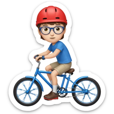 12 year old boy with short brown hair and a fringe, round glasses, blue eyes, riding a blue bike, wearing a red helmet sticker