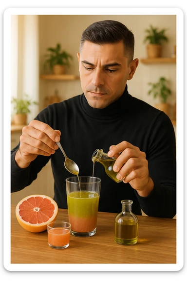 A realistic, warm-toned photo-style image of a man in his kitchen preparing a liver and gallbladder flush. On the counter, there is a small glass bottle of high-quality extra virgin olive oil with a rich green hue, and a freshly cut pink grapefruit with a small glass of its juice next to it. The man, in his mid-30s, looks focused and slightly apprehensive as he mixes the olive oil and grapefruit juice in a clear glass, preparing to drink it as part of a natural gallbladder cleanse. The background is clean, bright, and minimalist with wooden countertops, green plants, and sunlight coming through the window, giving a sense of natural health practices. The mood conveys a realistic moment of alternative health care, illustrating the preparation and intention for a natural flush to address gallstones, while maintaining a calm, educational, and hopeful tone in italiano sticker