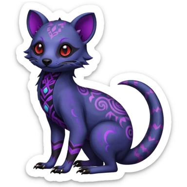 Rare warm-colored exotic gloomy tropical edgy cute epic aesthetic spooky indigo violet purple black red gothic colorful Salandit-Civet-species-Fakemon-hybrid-creature, with tribal tattoo markings, full body sticker