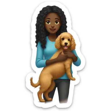black girl with long hair holding a golden doodle puppy sticker