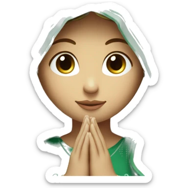 Virgin Mary: Serene and kind face. Wearing an emerald green  robe and white veil. Hands in prayer or blessing. Halo around her head. standing on a crescent moon.  sticker