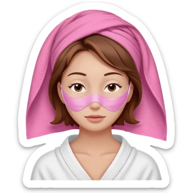 A woman with brown hair partially visible beneath a white towel wrapped around her head. Her face is covered with a pink skincare mask applied to the T-zone and cheeks. She has a calm, content expression with her eyes closed sticker