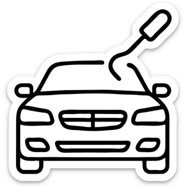 outlined icon of a premium black car, subtle hook tool at a dent, matte black look, fine silver lines, simple and clean sticker