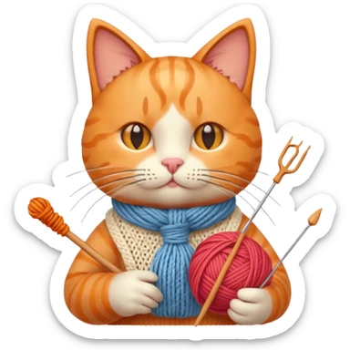 knitting cat portrait, head and shoulders only, cute cat holding knitting needles and yarn, cozy expression, warm handmade vibe, 3D cartoon style, mobile game icon style, clean background, no text, no watermark
 sticker