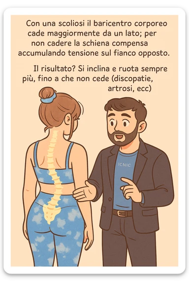 fai questa immagine in versione manga/webtoon a colori con stile di disegno carino e moderno, il manga mostra la donna di spalle, mentre l'uomo le tocca la spina dorsale per spiegarle come funziona la scoliosi:
Con una scoliosi il baricentro corporeo cade maggiormente da un lato; per non cadere la schiena compensa accumulando tensione sul fianco opposto.
Il risultato? Si inclina e ruota sempre più, fino a che non cede (discopatie, artrosi, ecc) sticker