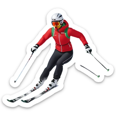 An icon featuring a skier racing down a snow-covered slope, surrounded by snowy peaks, pine trees, and a picturesque mountain landscape. The sky is blue with soft clouds, capturing the thrill and beauty of alpine skiing. Transparent background  sticker