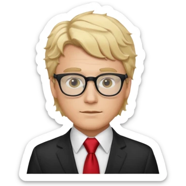 white man in white shirt, having red tie, blonde wavy hair, wearing glasses sticker