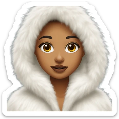 Tanned Girl with lashes ,  in an extremely big fluffy oversized white fur coat with hood on. The fur is real and it’s very obvious big and fluffy like in Pinterest  sticker