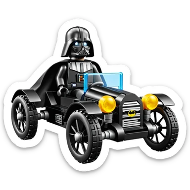 Mad max luxurious survival apocalypse Lego ghostly sporty antique electric Darth Vader’s Batman-armored 1926 black graphite colored enclosed twin seat town buggy with horizontal holographic 3d stars painted on the body sides and neon under glow  sticker