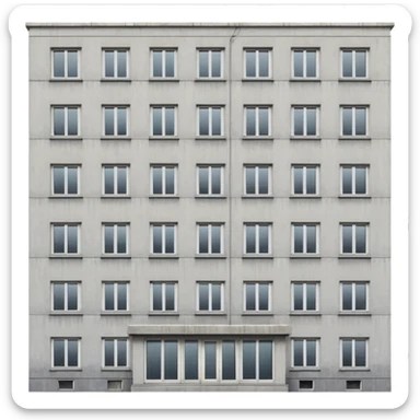 Soviet-era panel apartment building with rows of identical windows, gray concrete facade, flat roof, typical Russian multi-story residential building sticker