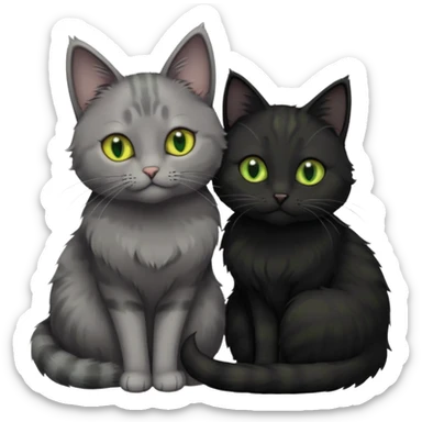 1 grey cat with green eyes and 1 black with yellow/green eyes cat cuddling sticker