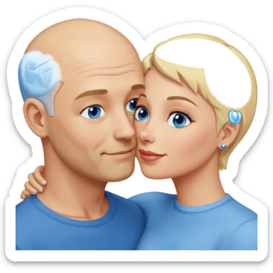 middle aged bald man with salt and blonde scruff, blue eyes and short haired blonde woman with blue eyes kissing each other sticker