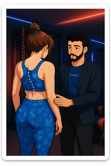 ispirati a questo stile di disegno e fai questa immagine in versione manga/webtoon a colori, il manga mostra la donna di spalle, mentre l'uomo le tocca la spina dorsale per spiegarle come funziona la scoliosi:
Con una scoliosi il baricentro corporeo cade maggiormente da un lato; per non cadere la schiena compensa accumulando tensione sul fianco opposto.
Il risultato? Si inclina e ruota sempre più, fino a che non cede (discopatie, artrosi, ecc) sticker