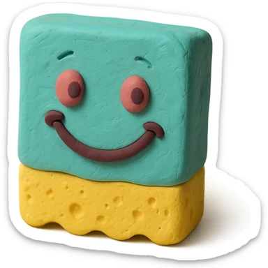 cleaning sponge with a cute smiling face, playful expression, pastel colors in claymation style sticker