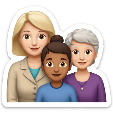 two kids (1 brown boy and 1 white girl) with their mother and grand mother smiling sticker