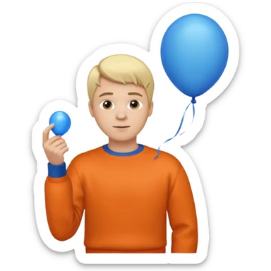 white skin, blonde hair man, orange sweater, hold blue balloon sticker