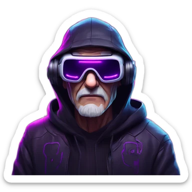 Russian old man wearing a black hoodie with "OMG" letters on it and VR headset in a cyberpunk VR environment with violet neon lighting. sticker