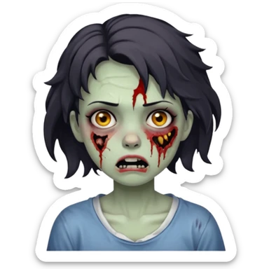 Zombie girl with bruises, she has a dark short wavy hair, she has a tired expression and BLACK eyes, she has dark circles too, her mouth is ripped sticker