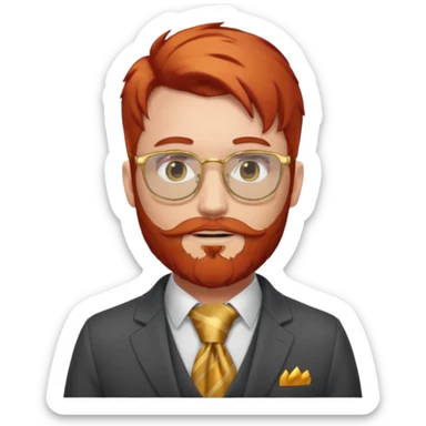 gray scarf, male,  beard, red hair, with suit, gold glasses sticker
