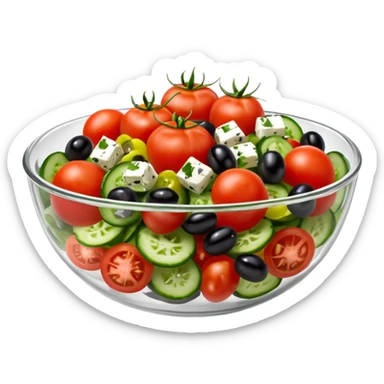 mediterranean salad bowl object icon, served in a transparent glass bowl, tomatoes, cucumbers, olives, feta cheese, olive oil dressing, glossy fresh look, 3D cartoon, mobile game icon style, centered, clean background, soft shadow, no text, no watermark sticker
