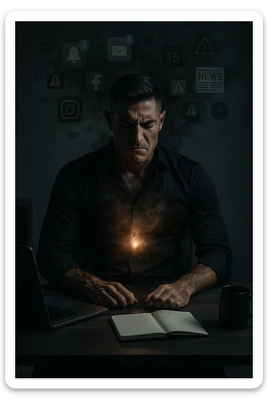 A highly realistic, cinematic image of a young man in his early 30s, sitting at a modern office desk under harsh artificial lighting, shoulders hunched, jaw clenched, and breathing shallowly, symbolizing how modern society forces people to live in a state of chronic tension and restricted breathing. Around him, faint black and grey visual elements represent notifications, deadlines, social media icons, and news alerts, swirling around his head like a chaotic storm, symbolizing societal pressure. His chest appears visually tight and compressed, and faint dark smoke emanates from his body, representing blocked breath and internalized stress. In contrast, a faint glowing light near his chest and abdomen tries to expand, symbolizing the innate desire of the body to breathe freely and deeply. The environment is cold and minimalistic, with a sense of stillness and tension, captured in a hyperrealistic 35mm film style with muted colors, focusing on the man's tense posture and restricted breathing to reflect the unseen burden of modern living. in italiano sticker