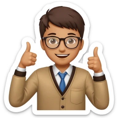 un estudiante que este parado con sus lentes guiñando el ojo y CON LAS MANOS HACIA ARRIBA DANDO LIKE sticker