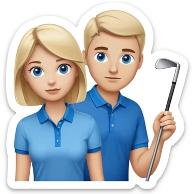 Blonde woman with blue eyes playing golf with white man with brown hair and brown eyes wearing blue polo sticker