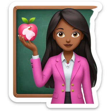 a brown skin teacher with hair with black straight long hair wearing pink not hot pink 2 piece set teaching up on a board the board nothing on the board but a pink apple sticker